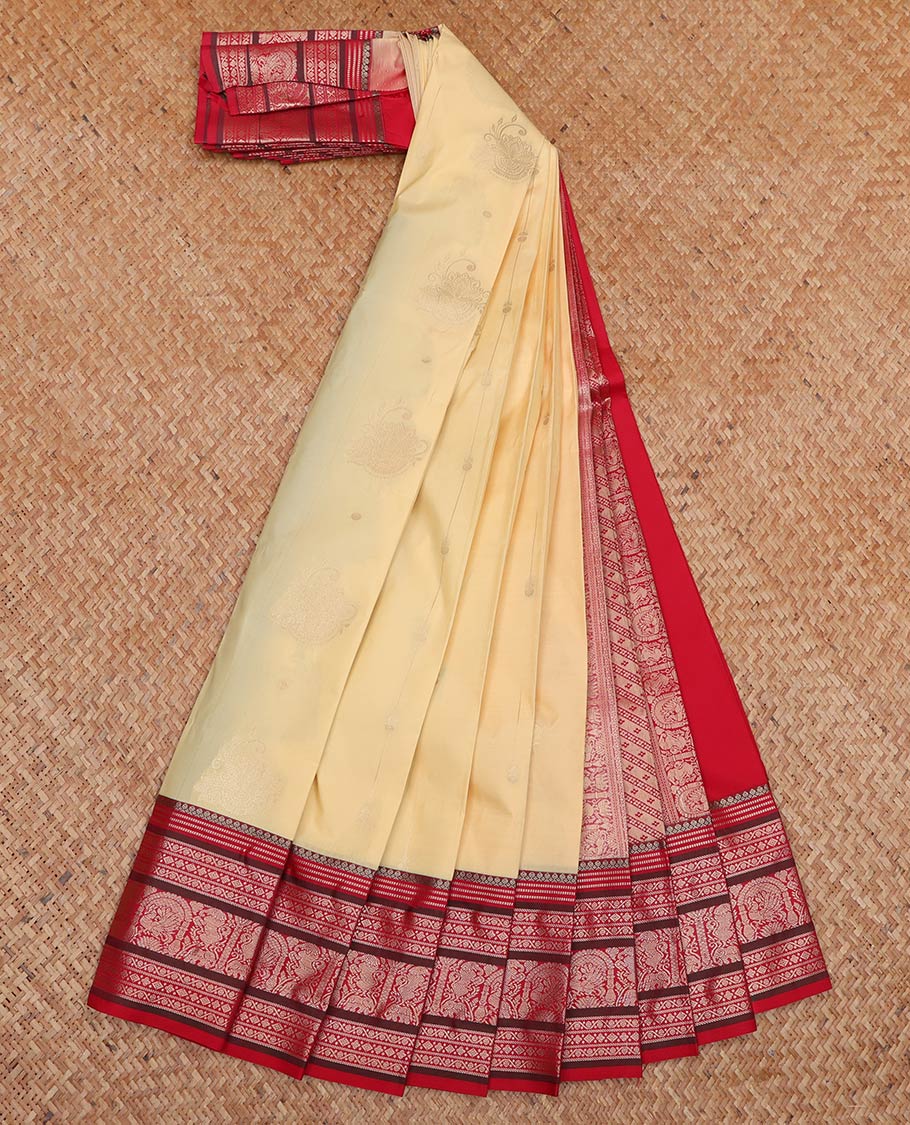 Yellow Budget Silk Saree, Sparsely Sparked with Zari Buttas On Its Body, Complemented by Contrast Traditional Zari Designs Woven Border, Grand Pallu and Paired with a Contrast Blouse - Image 2
