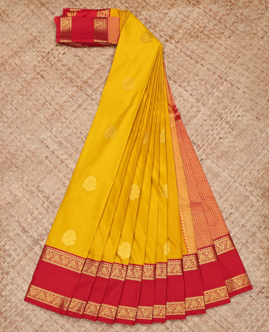 Yellow Budget Silk Saree, Sparsely Sparkled with Zari Buttas All Over Its Body, Complemented by a Contrast Rettai Pettu Floral Creeper Zari Border, Pallu of Jaal Designs, and Paired with a Contrast Blouse - Image 2