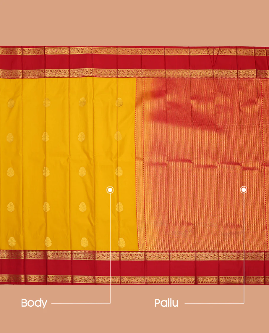 Yellow Budget Silk Saree, Sparsely Sparkled with Zari Buttas All Over Its Body, Complemented by a Contrast Rettai Pettu Floral Creeper Zari Border, Pallu of Jaal Designs, and Paired with a Contrast Blouse - Image 3