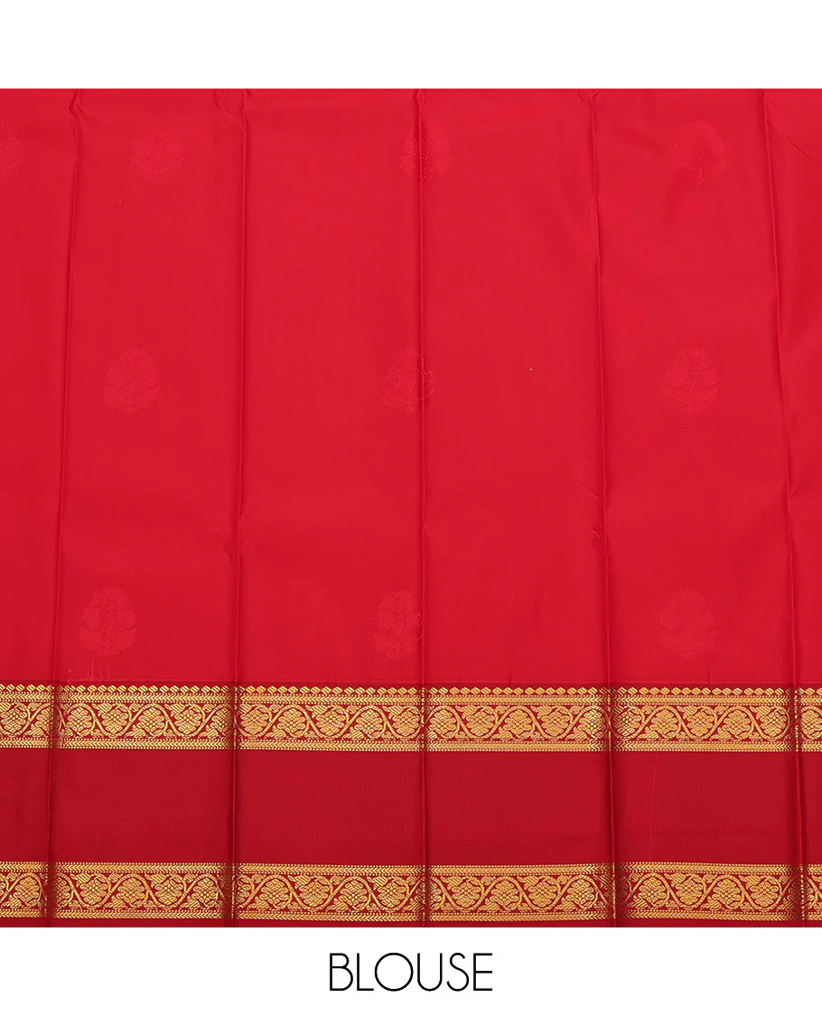 Yellow Budget Silk Saree, Sparsely Sparkled with Zari Buttas All Over Its Body, Complemented by a Contrast Rettai Pettu Floral Creeper Zari Border, Pallu of Jaal Designs, and Paired with a Contrast Blouse - Image 4