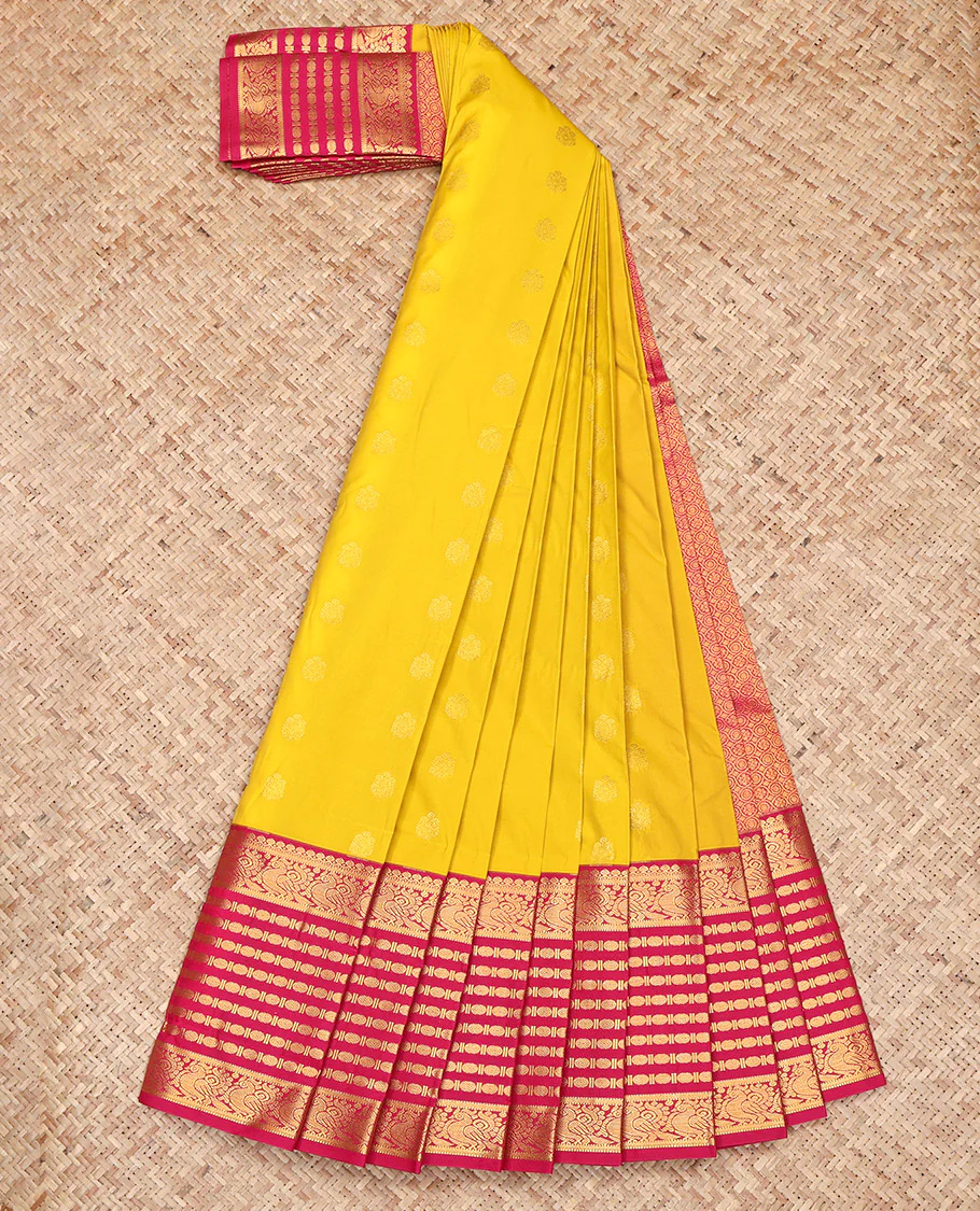 Yellow Budget Silk Saree, Sparsely Sparkled with Zari Buttas All Over Its Body, Complemented by Contrast Traditional Zari Border of Peacock and Rudrksham Designs, Grand Jaal-Patterned Pallu, and Paired with a Contrast Blouse - Image 2