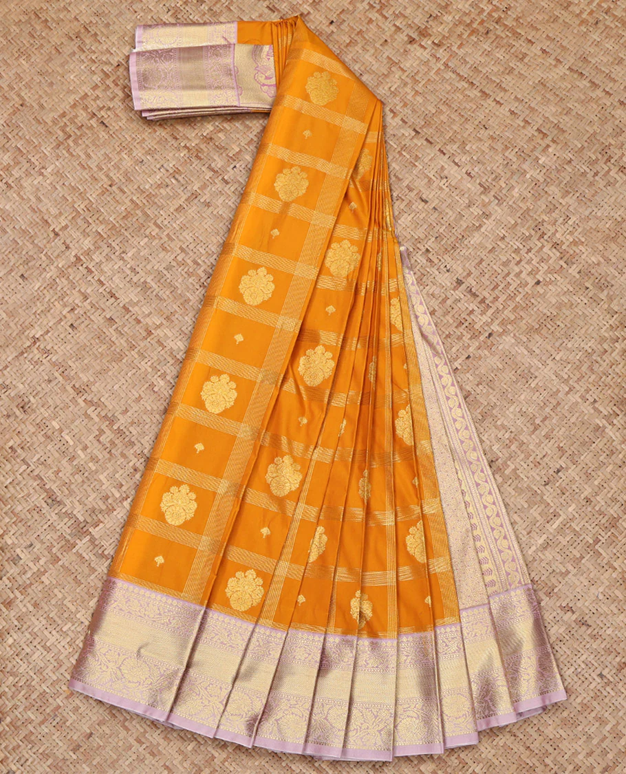 Yellow Budget Silk Saree, Sparsely Woven with Zari Butta Enclosed Checks on Its Body, Complemented by a Contrast Traditional Zari Design Border, Grandly Decked Up Pallu, and Paired with a Contrast Blouse - Image 2