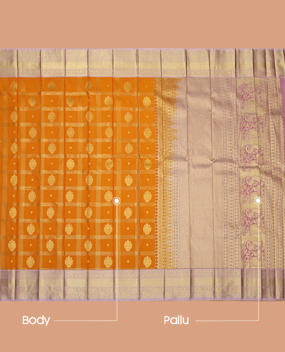Yellow Budget Silk Saree, Sparsely Woven with Zari Butta Enclosed Checks on Its Body, Complemented by a Contrast Traditional Zari Design Border, Grandly Decked Up Pallu, and Paired with a Contrast Blouse - Image 3