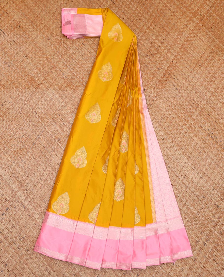 Yellow Budget Silk Saree, Sparsely Woven with Zari Buttas All Over Its Body, Complemented by a Contrast Traditional Zari Design Rettai Pettu Border, Intricately Designed Pallu, and Paired with a Contrast Blouse - Image 2