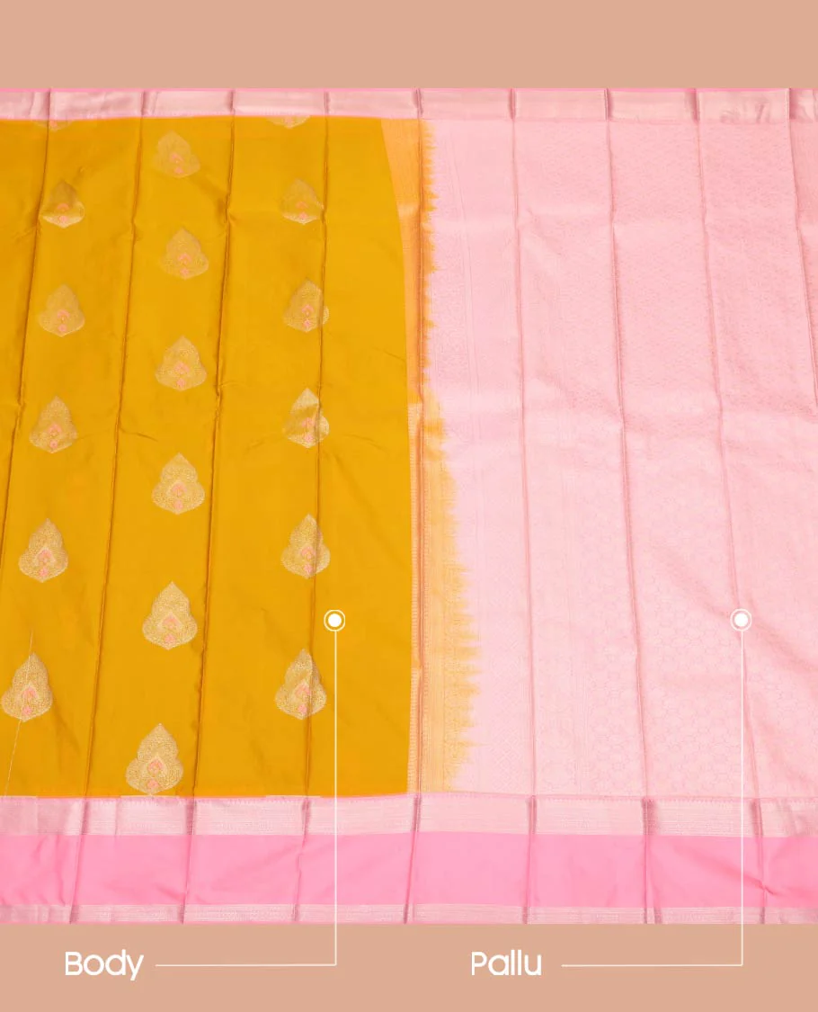 Yellow Budget Silk Saree, Sparsely Woven with Zari Buttas All Over Its Body, Complemented by a Contrast Traditional Zari Design Rettai Pettu Border, Intricately Designed Pallu, and Paired with a Contrast Blouse - Image 3