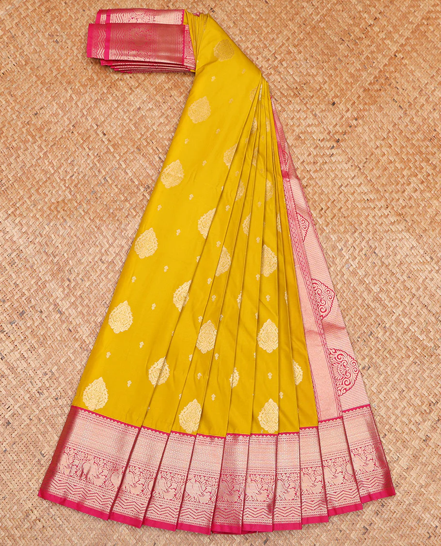 Yellow Budget Silk Saree, Spotlighted with Zari Buttas on Its Body, Complemented by a Contrast Traditional Zari Design Border, Intricately Designed Pallu, and Paired with a Contrast Blouse - Image 2