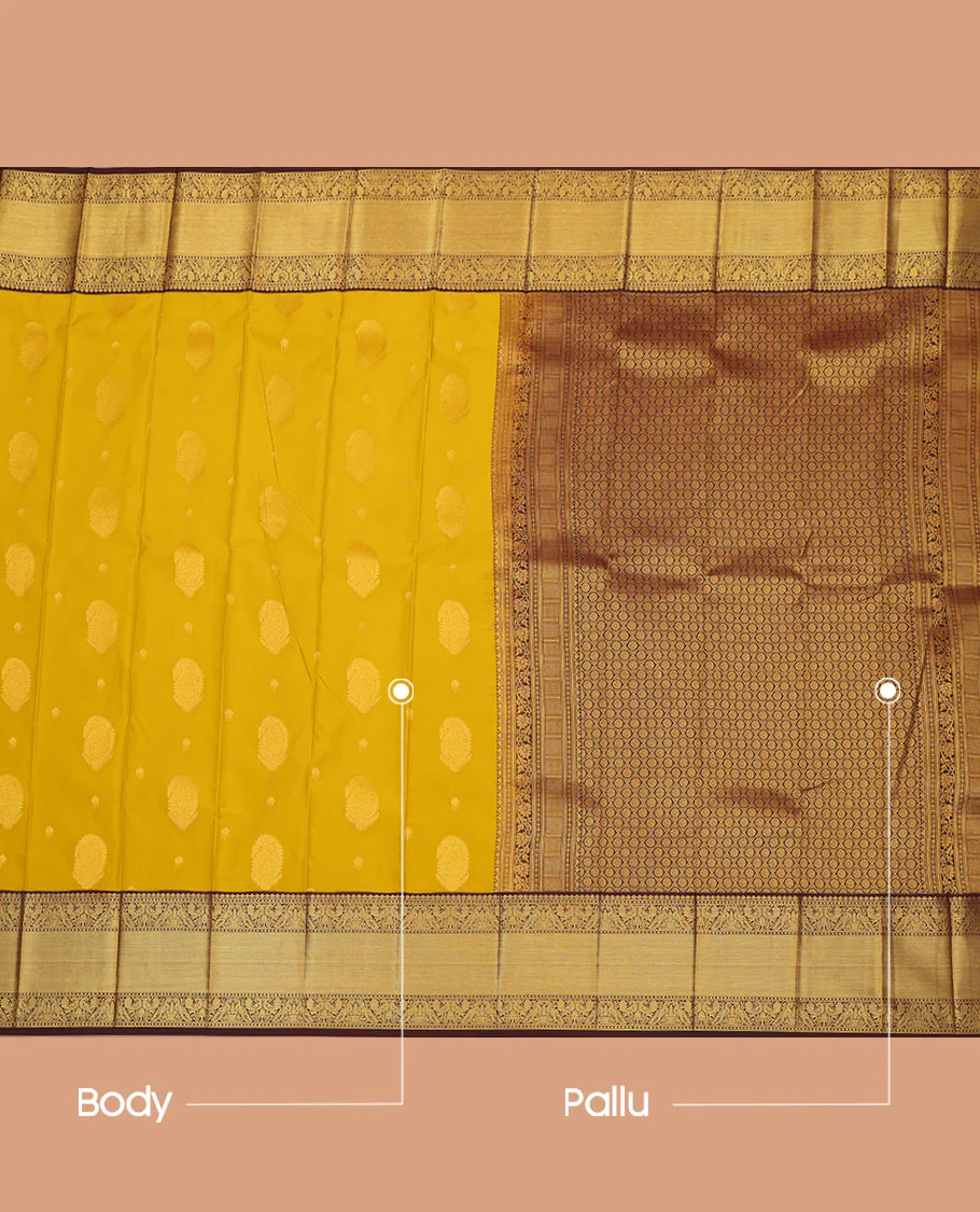 Yellow Budget Silk Saree, Subtly Sparkled with Paisley Buttas All Over Its Body, Complemented by a Contrast Traditional Zari Design Border of Peacock Designs, Opulently Embellished Pallu, and Paired with a Contrast Blouse - Image 3