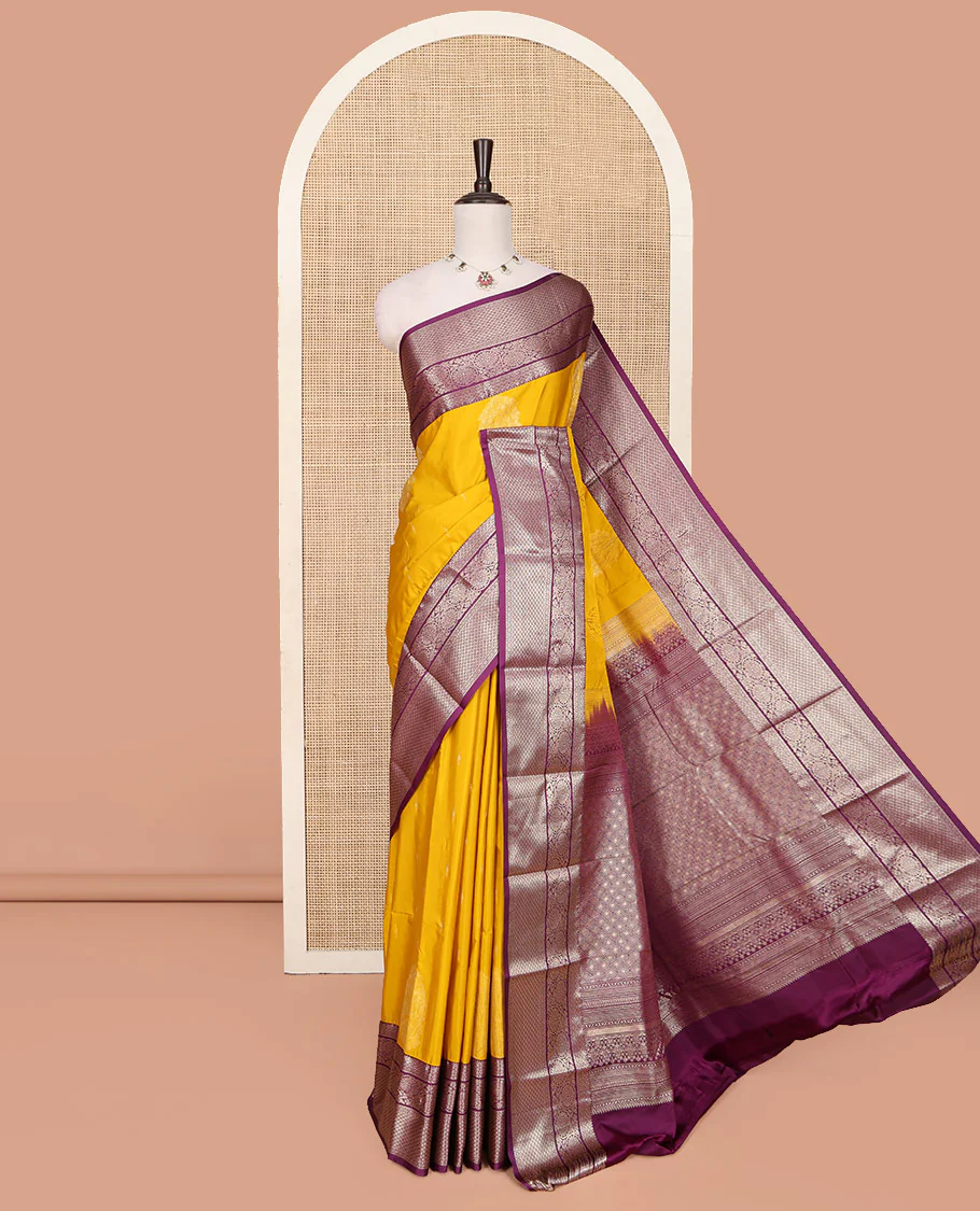 Yellow Budget Silk Saree, Subtly Sparkled with Zari Buttas All Over Its Body, Complemented by a Contrast Traditional Zari Design Border of Floral Creeper Designs, an Intricate Jaal Design Pallu, and Paired with a Contrast Blouse
