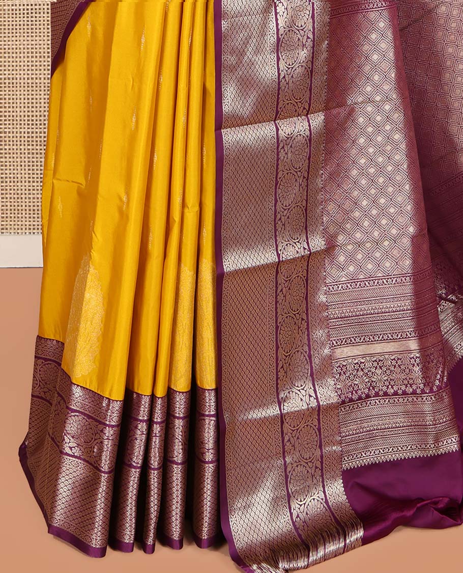 Yellow Budget Silk Saree, Subtly Sparkled with Zari Buttas All Over Its Body, Complemented by a Contrast Traditional Zari Design Border of Floral Creeper Designs, an Intricate Jaal Design Pallu, and Paired with a Contrast Blouse - Image 3