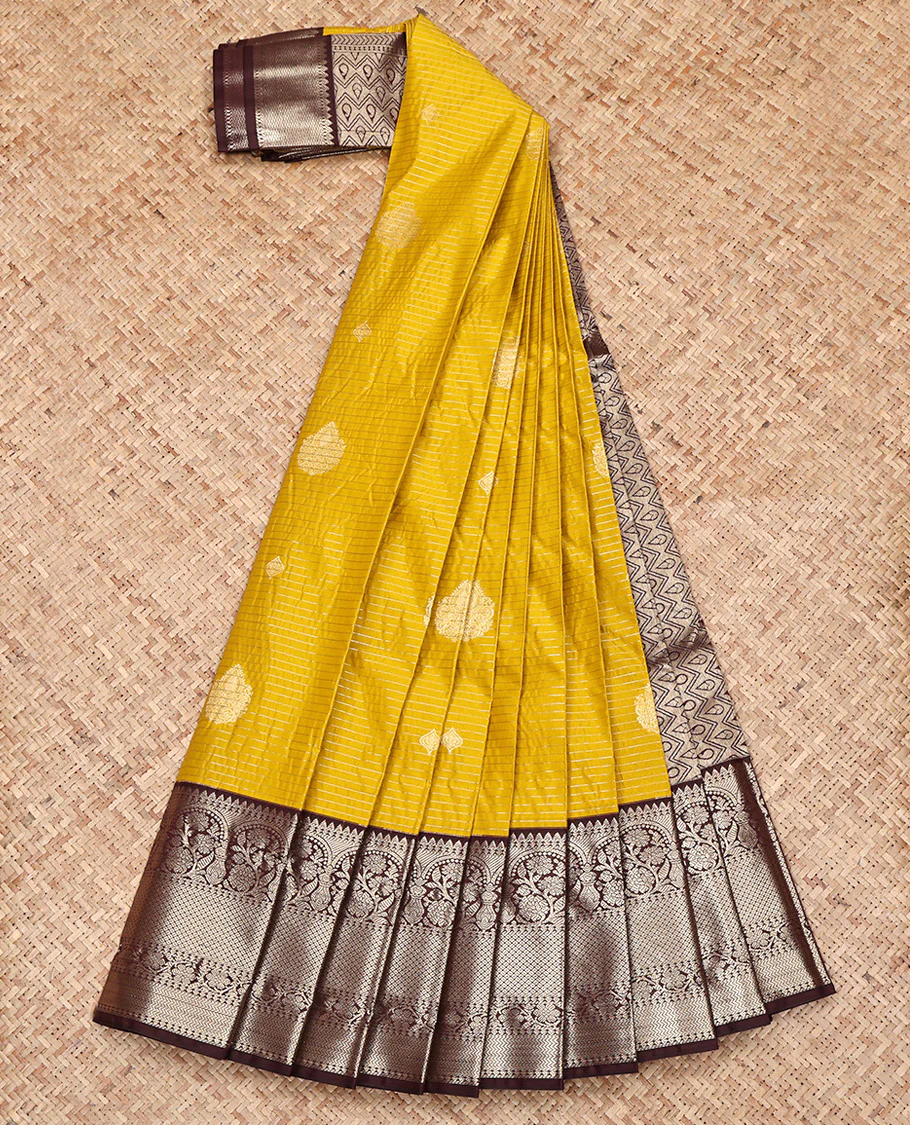 Yellow Budget Silk Saree, Subtly Sparkled with Zari Buttas and Stripes on Its Body, Complemented by a Contrast Traditional Zari Border, Intricately Designed Pallu, and Paired with a Contrast Blouse - Image 2