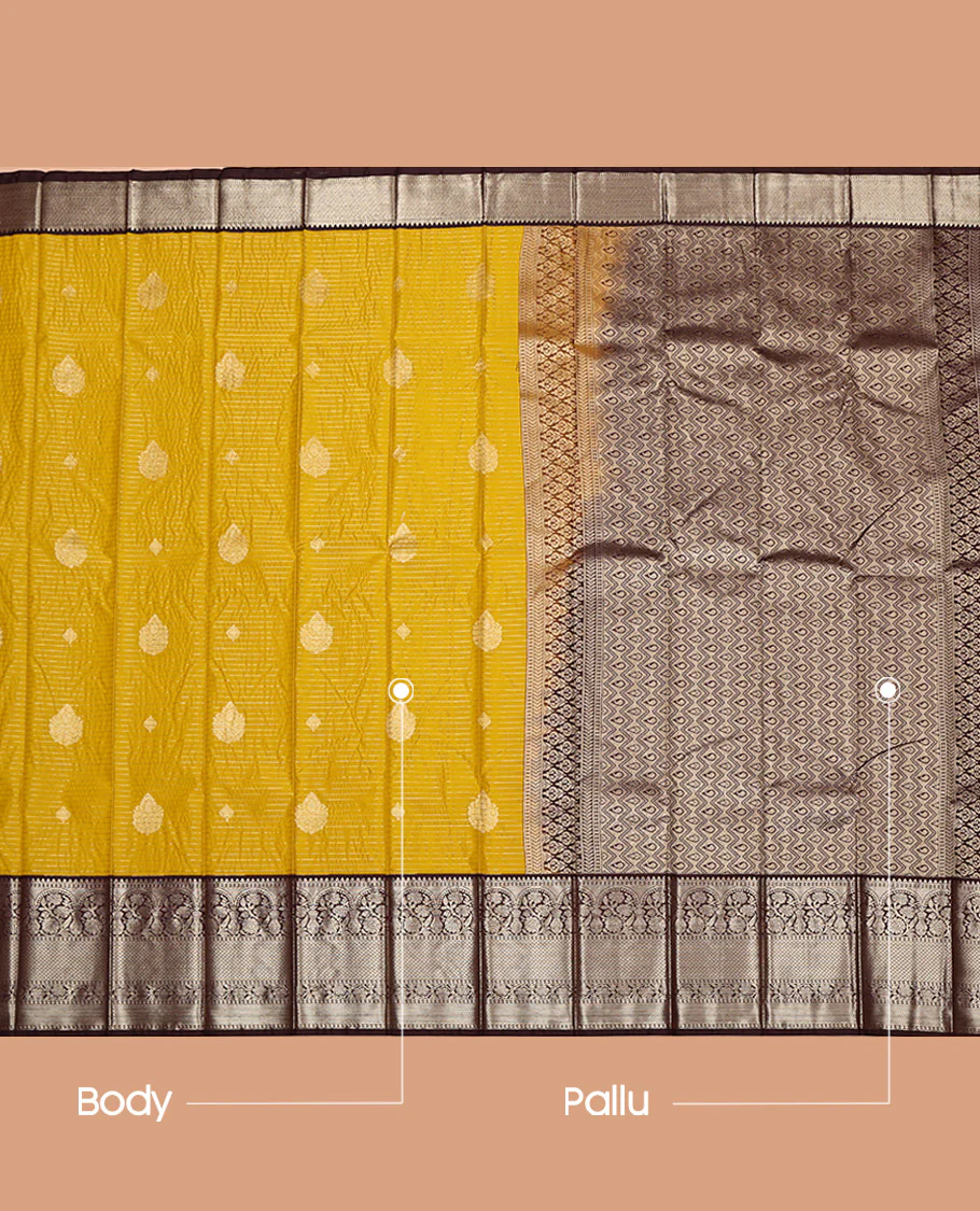 Yellow Budget Silk Saree, Subtly Sparkled with Zari Buttas and Stripes on Its Body, Complemented by a Contrast Traditional Zari Border, Intricately Designed Pallu, and Paired with a Contrast Blouse - Image 3