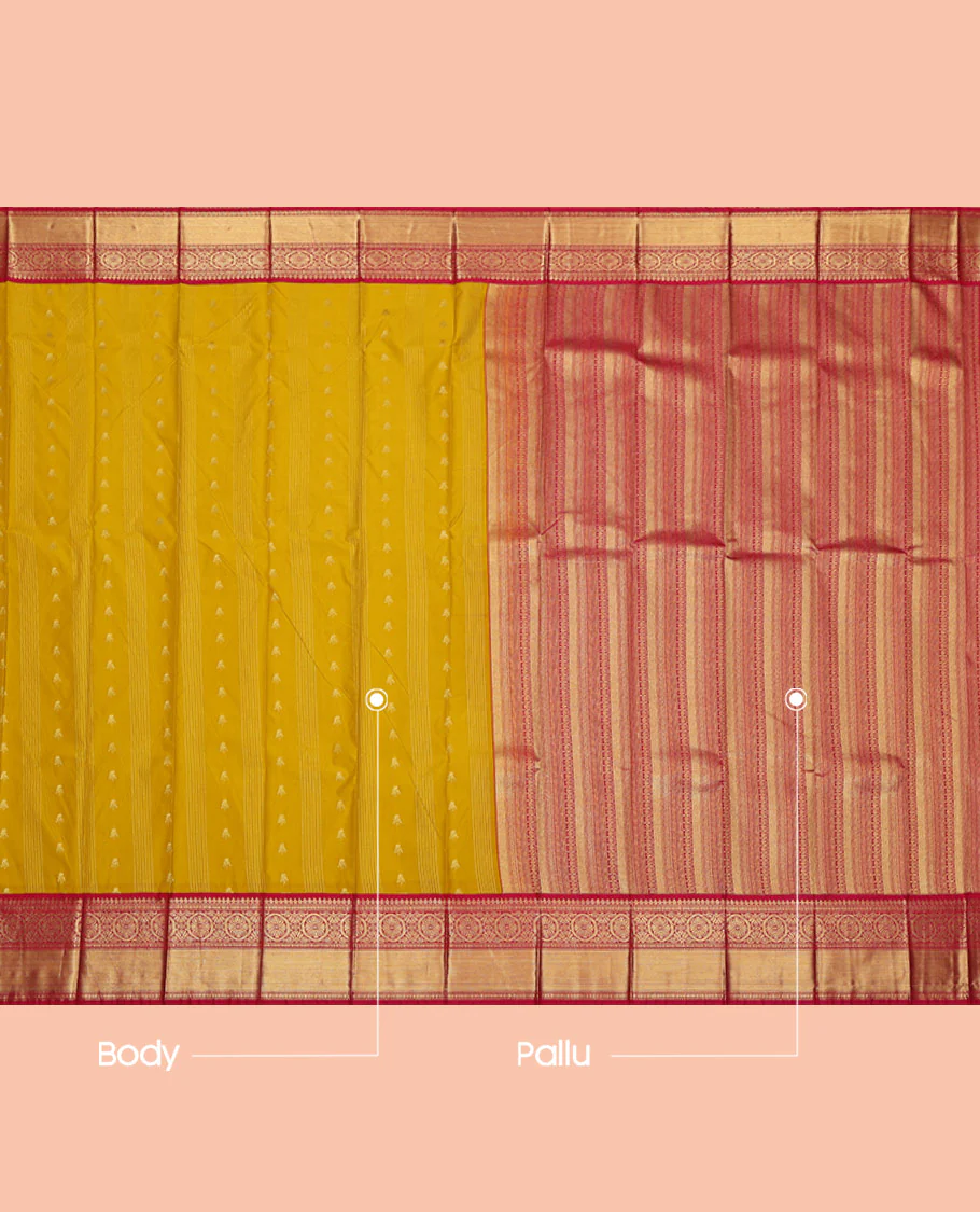 Yellow Budget Silk Saree, Subtly Sparkled with Zari Buttas and Stripes on Its Body, Complemented by a Contrast Traditional Zari Design Border, Grand Geometric Patterned Pallu, and Paired with a Contrast Blouse - Image 3