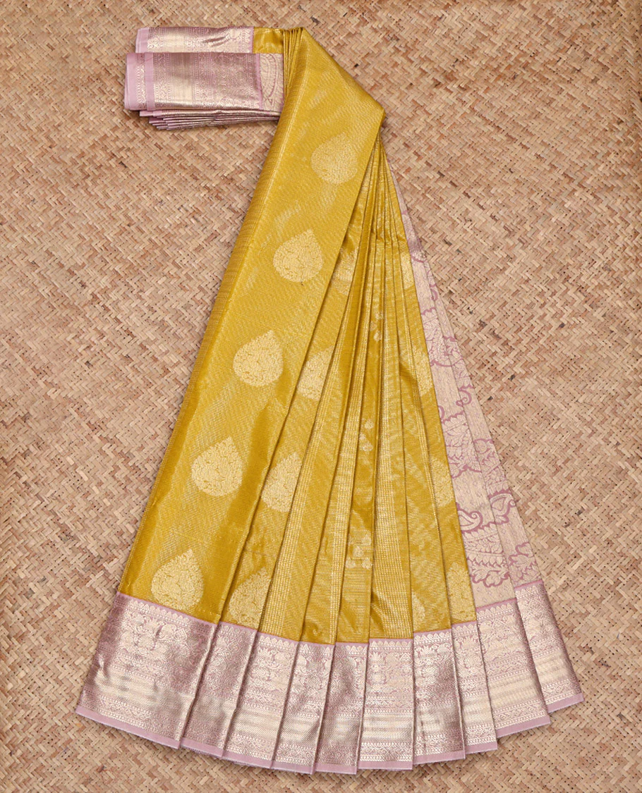 Yellow Budget Silk Saree, Subtly Sparkled with Zari Buttas and Stripes on Its Body, Complemented by a Contrast Traditional Zari Design Border, Paisley Design Pallu, and Paired with a Contrast Blouse - Image 2