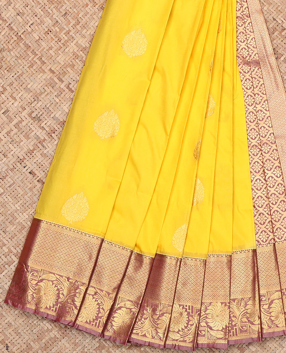 Yellow Budget Silk Saree, Subtly Sparkled with Zari Buttas, Contrast Floral Creeper Zari Border, Ogee-Patterned Pallu, and a Contrast Blouse