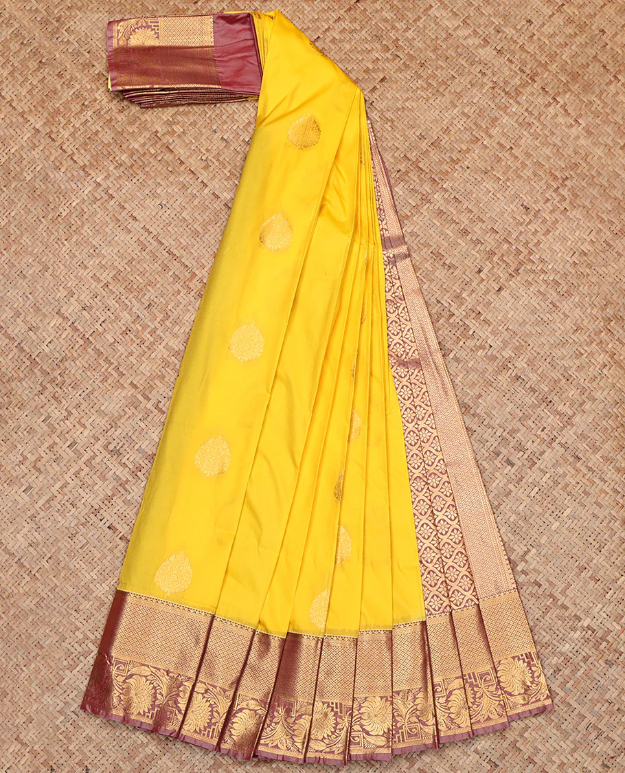 Yellow Budget Silk Saree, Subtly Sparkled with Zari Buttas, Contrast Floral Creeper Zari Border, Ogee-Patterned Pallu, and a Contrast Blouse - Image 2