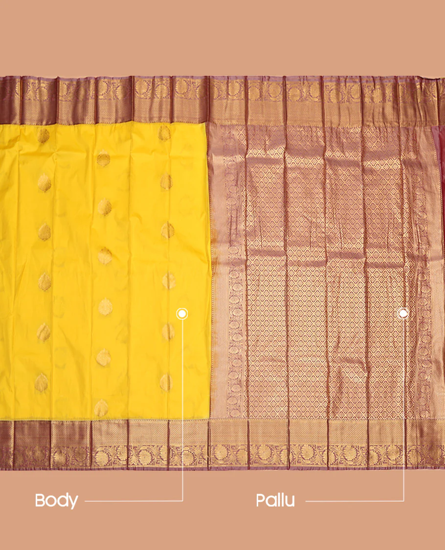 Yellow Budget Silk Saree, Subtly Sparkled with Zari Buttas, Contrast Floral Creeper Zari Border, Ogee-Patterned Pallu, and a Contrast Blouse - Image 3