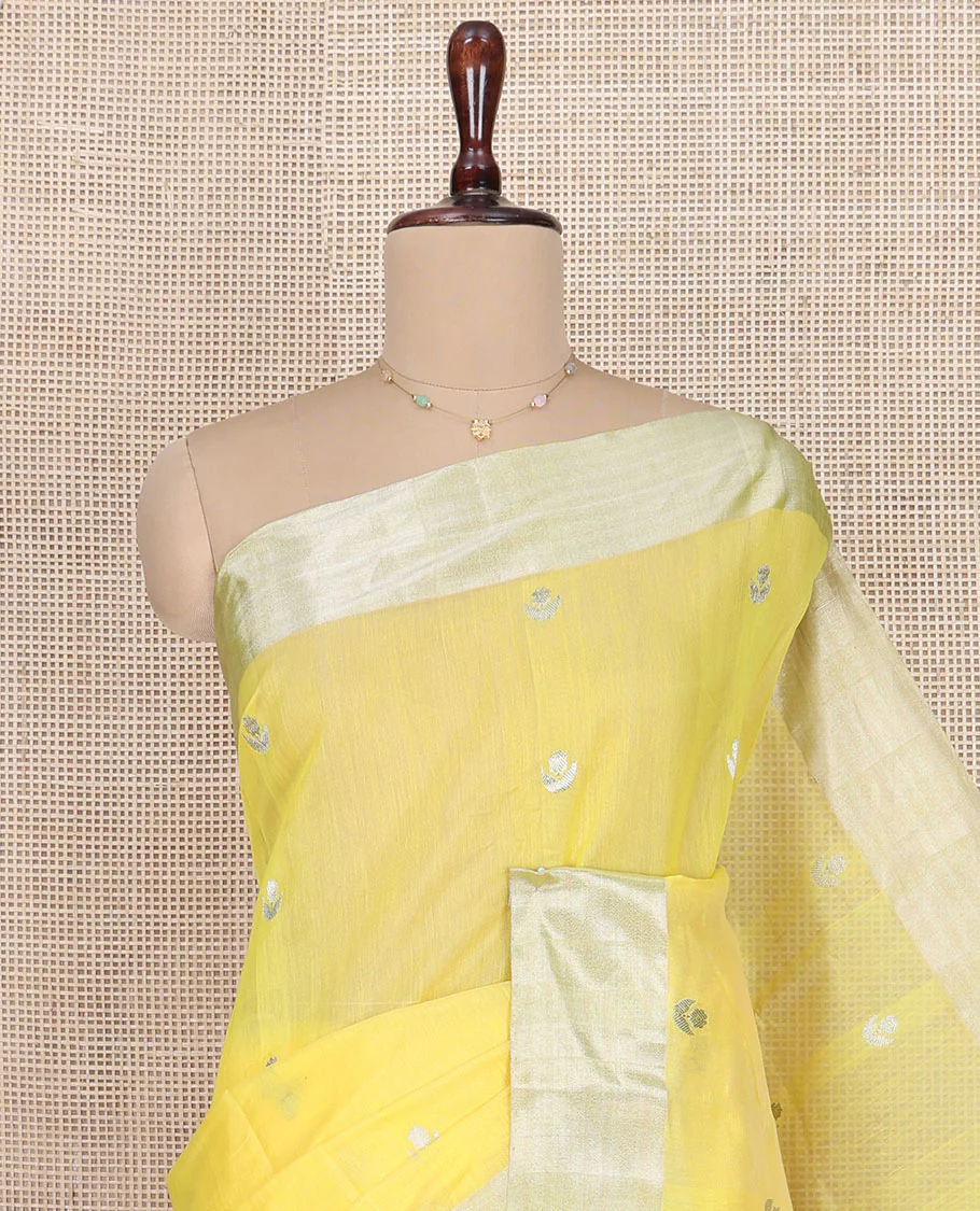 Yellow Chanderi Cotton Saree, Sparkled with Buttas All Over Its Body, Highlighted by a Zari Border, Pallu Steeped with Zari Designs, and Paired with a Matching Blouse - Image 2