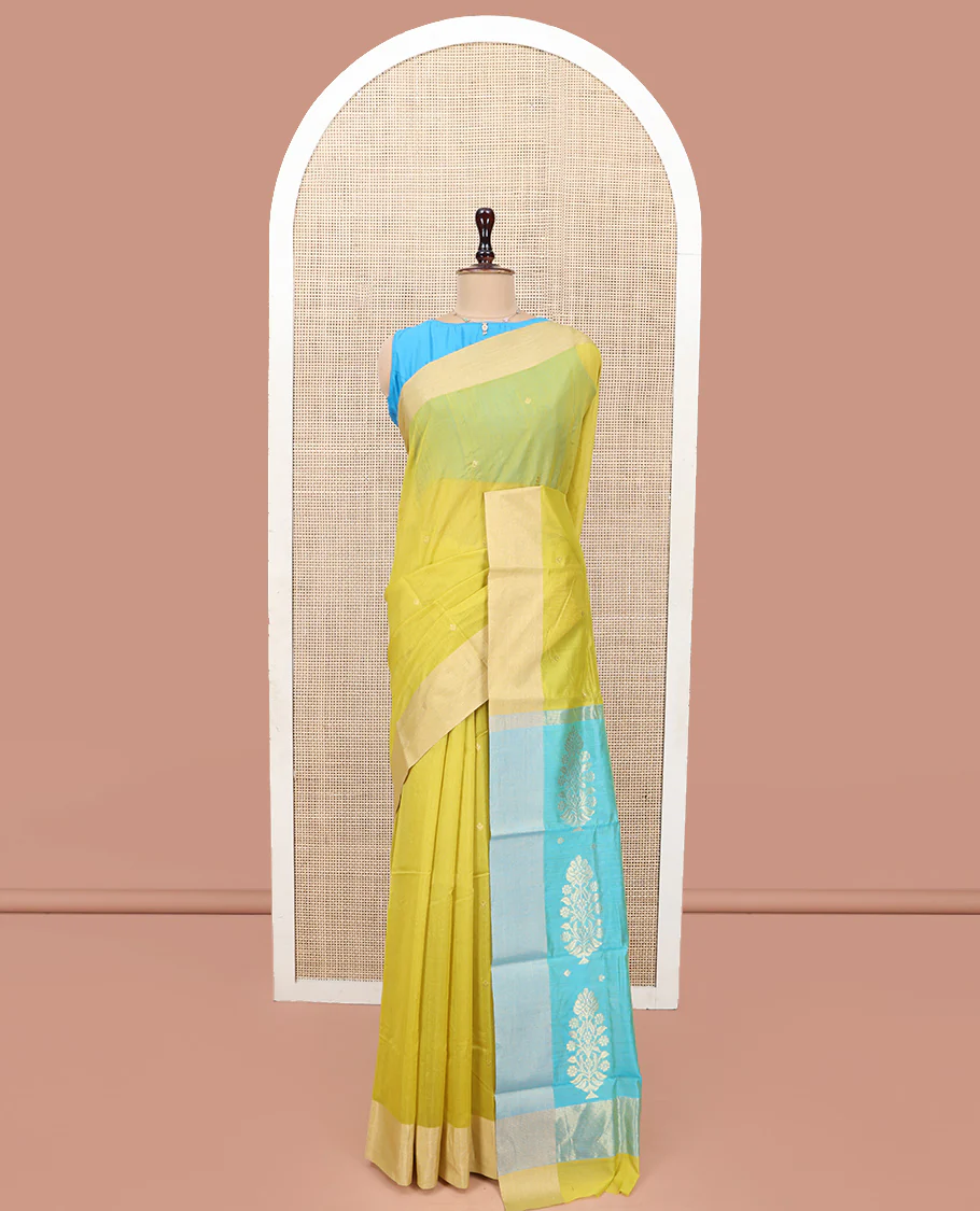 Yellow Chanderi Cotton Saree, Subtly Sparkled with Buttas All Over Its Body, Subtly Woven Bavanji Border, Complemented by a Contrast Pallu of Floral Designs, and Paired with a Contrast Blouse - Image 3