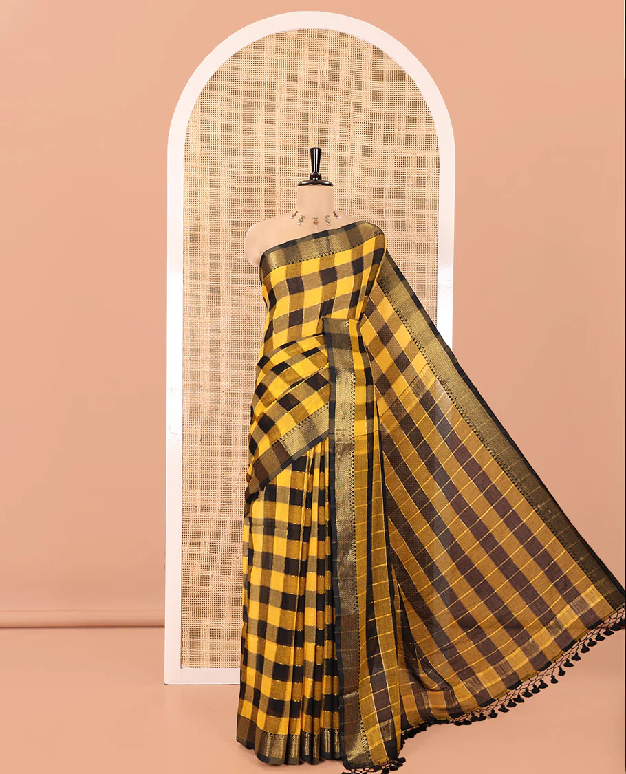 Yellow Checked Khadi Mul Cotton Saree, Highlighted by Zari Traditional Border, Zari Checked Pallu, and Paired with a Matching Blouse