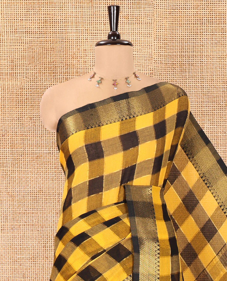 Yellow Checked Khadi Mul Cotton Saree, Highlighted by Zari Traditional Border, Zari Checked Pallu, and Paired with a Matching Blouse - Image 2