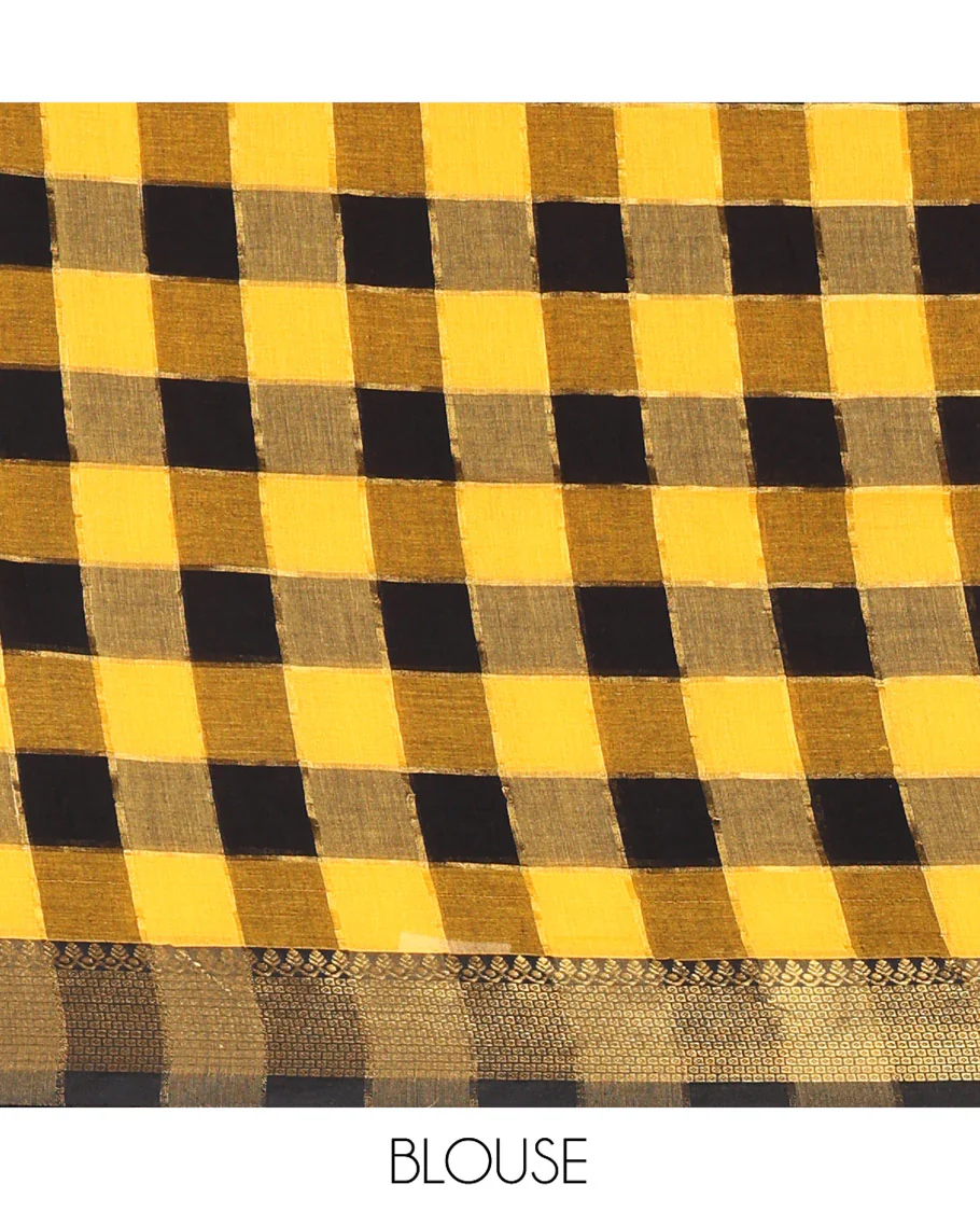 Yellow Checked Khadi Mul Cotton Saree, Highlighted by Zari Traditional Border, Zari Checked Pallu, and Paired with a Matching Blouse - Image 3