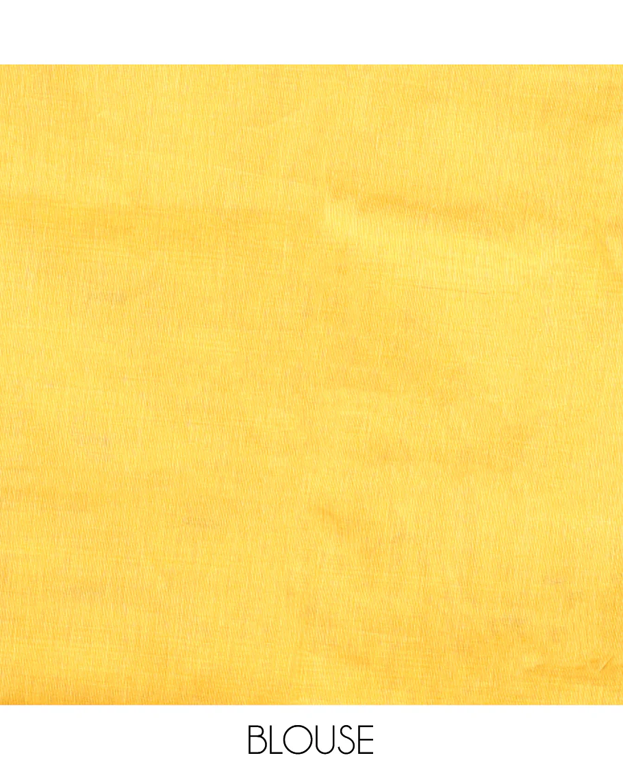 Yellow Chettinad Cotton Saree, Subtly Sparkled with Buttas All Over Its Body, Complemented by a Contrast Ganga-Jamuna Kal Eragina Border of Kodi Peacock and Elephant Designs, Pallu of Buttas and Stripes, and Paired with a Matching Blouse - Image 4