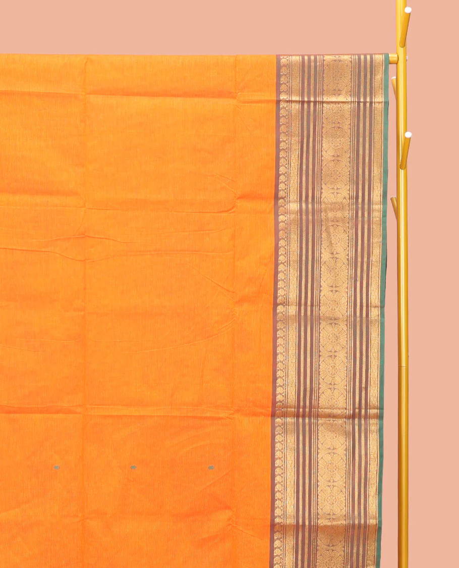 Yellow Chettinad Cotton Saree, Subtly Woven with Thread Buttas All Over Its Body, Complemented by a Contrast Traditional Zari Design Woven Temple Border, Pallu of Stripes, and Paired with a Matching Blouse - Image 2