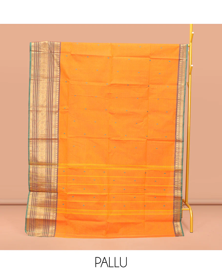 Yellow Chettinad Cotton Saree, Subtly Woven with Thread Buttas All Over Its Body, Complemented by a Contrast Traditional Zari Design Woven Temple Border, Pallu of Stripes, and Paired with a Matching Blouse - Image 3