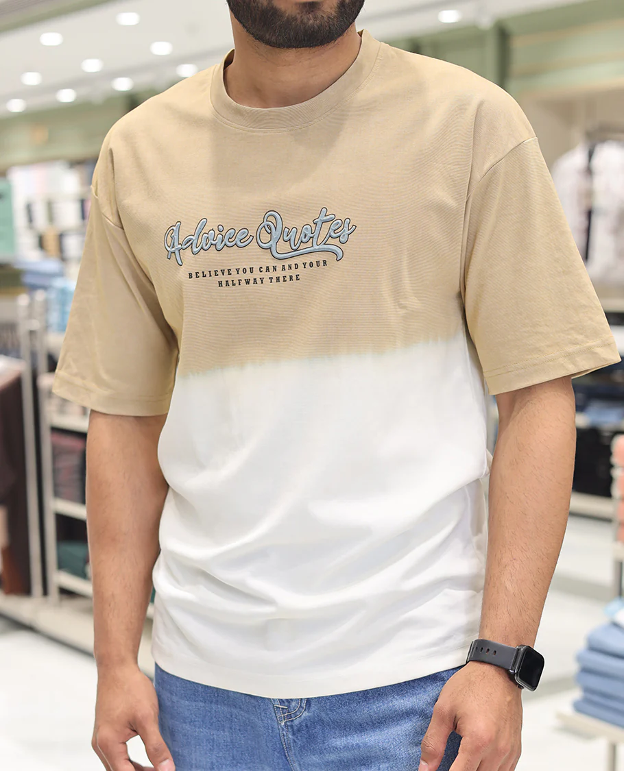 Yellow Cotton-Blended Ombre T-Shirt, Artfully Detailed with Funky Motifs and Typography Prints, Comes with a Crew Neck, Half-Sleeves, Oversized Fit, and Long Length - Image 6