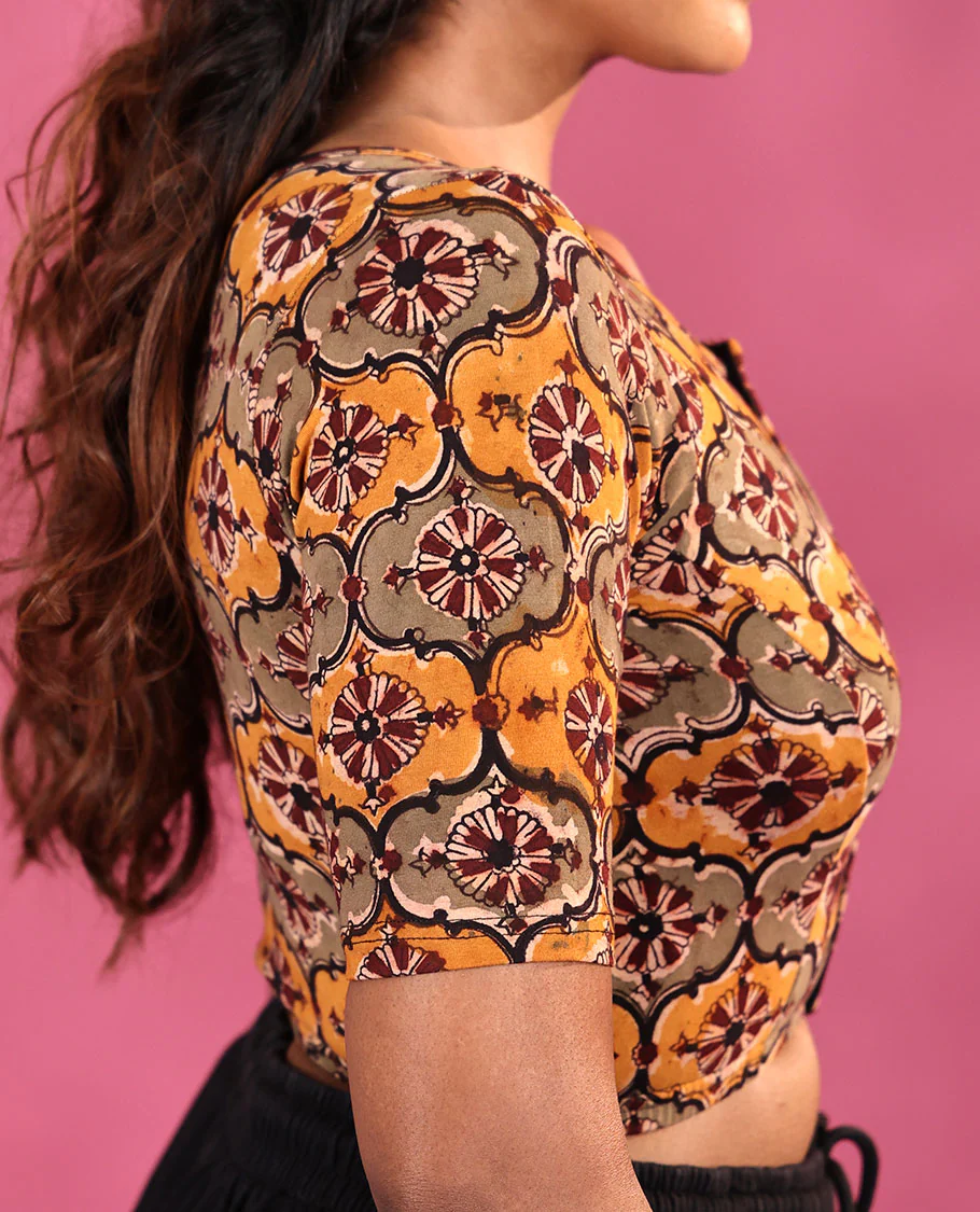 Yellow Cotton Readymade Blouse Artfully Detailed with Ogee Patterns Print, Featuring Front Round Neck, Back Boat Neck, and Half Sleeves - Image 2