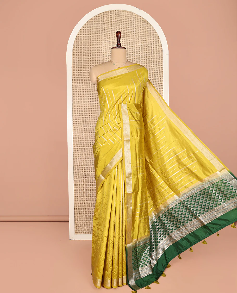 Yellow Dupion Silk Saree, Enriched with Zari Stripes, Highlighted by a Traditional Zari Design Border, Contrast Pallu of Geometric Design, and a Contrast Blouse