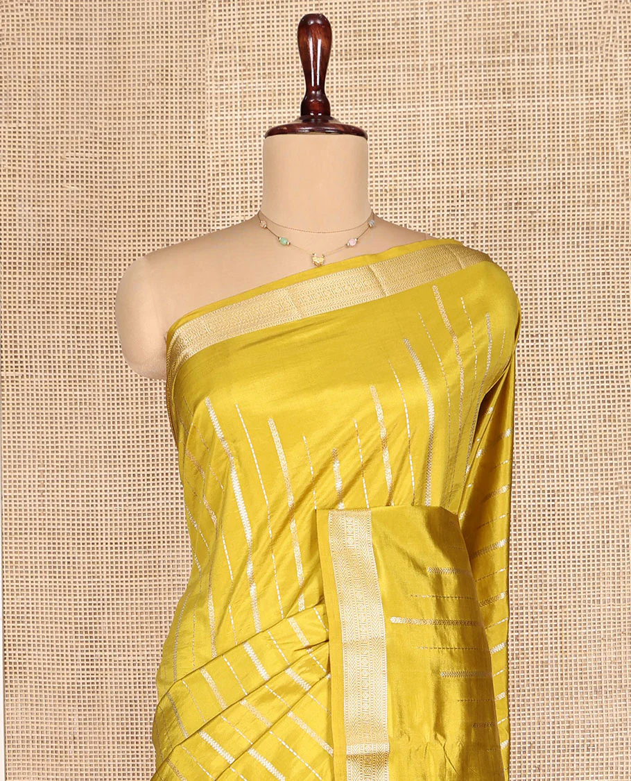 Yellow Dupion Silk Saree, Enriched with Zari Stripes, Highlighted by a Traditional Zari Design Border, Contrast Pallu of Geometric Design, and a Contrast Blouse - Image 2