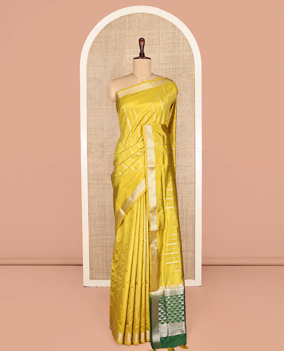 Yellow Dupion Silk Saree, Enriched with Zari Stripes, Highlighted by a Traditional Zari Design Border, Contrast Pallu of Geometric Design, and a Contrast Blouse - Image 3