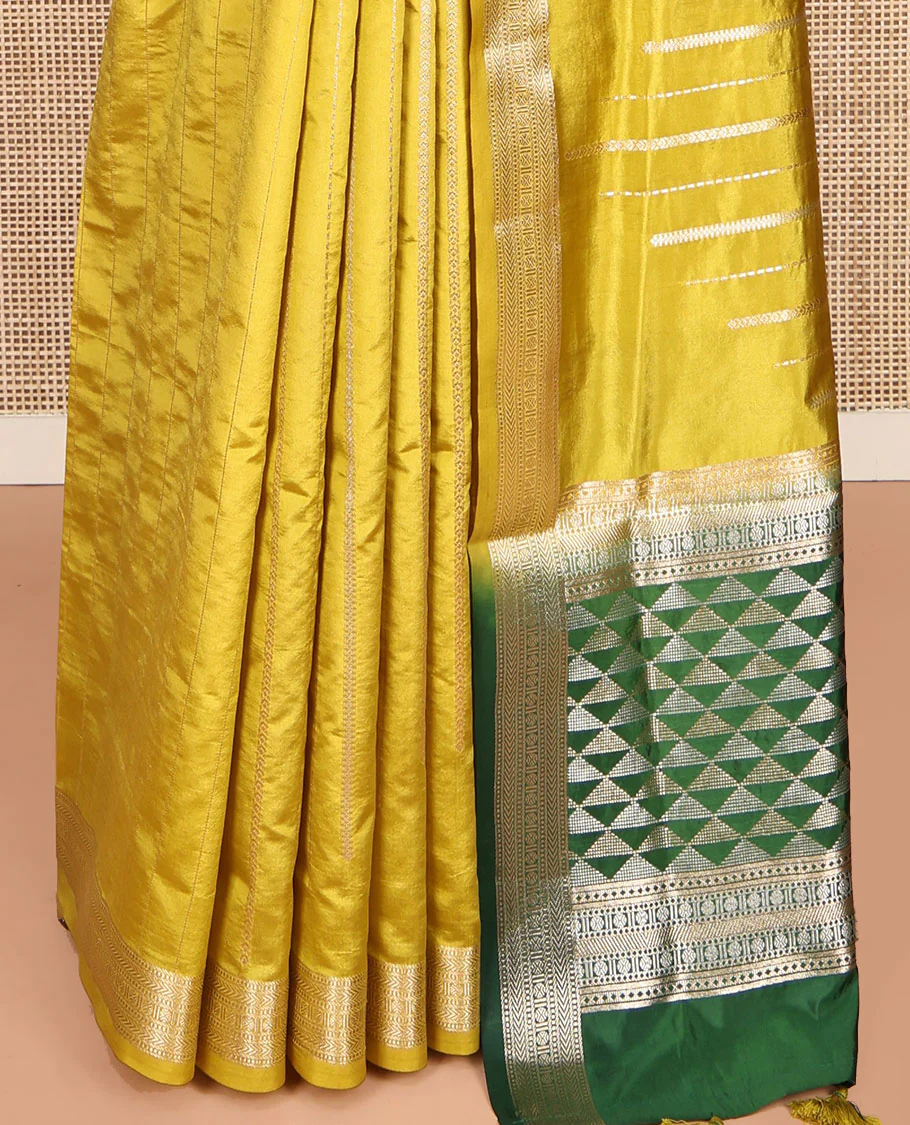 Yellow Dupion Silk Saree, Enriched with Zari Stripes, Highlighted by a Traditional Zari Design Border, Contrast Pallu of Geometric Design, and a Contrast Blouse - Image 4