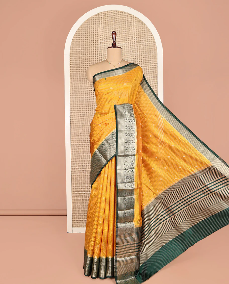 Yellow Dupion Silk Saree, Spotlighted with Zari Buttas and Micro-Checks, Contrast Traditional Zari Design Border, Zari Striped Pallu, and a Contrast Blouse