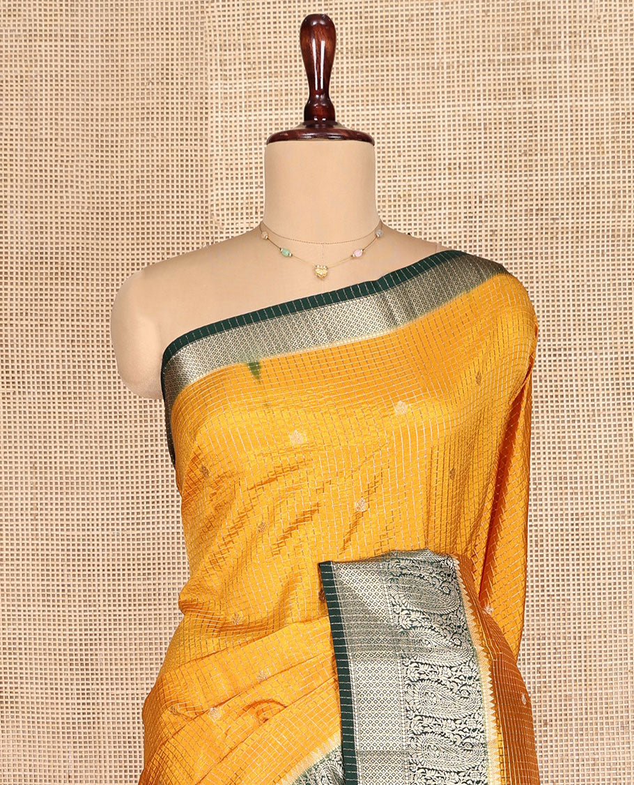 Yellow Dupion Silk Saree, Spotlighted with Zari Buttas and Micro-Checks, Contrast Traditional Zari Design Border, Zari Striped Pallu, and a Contrast Blouse - Image 2