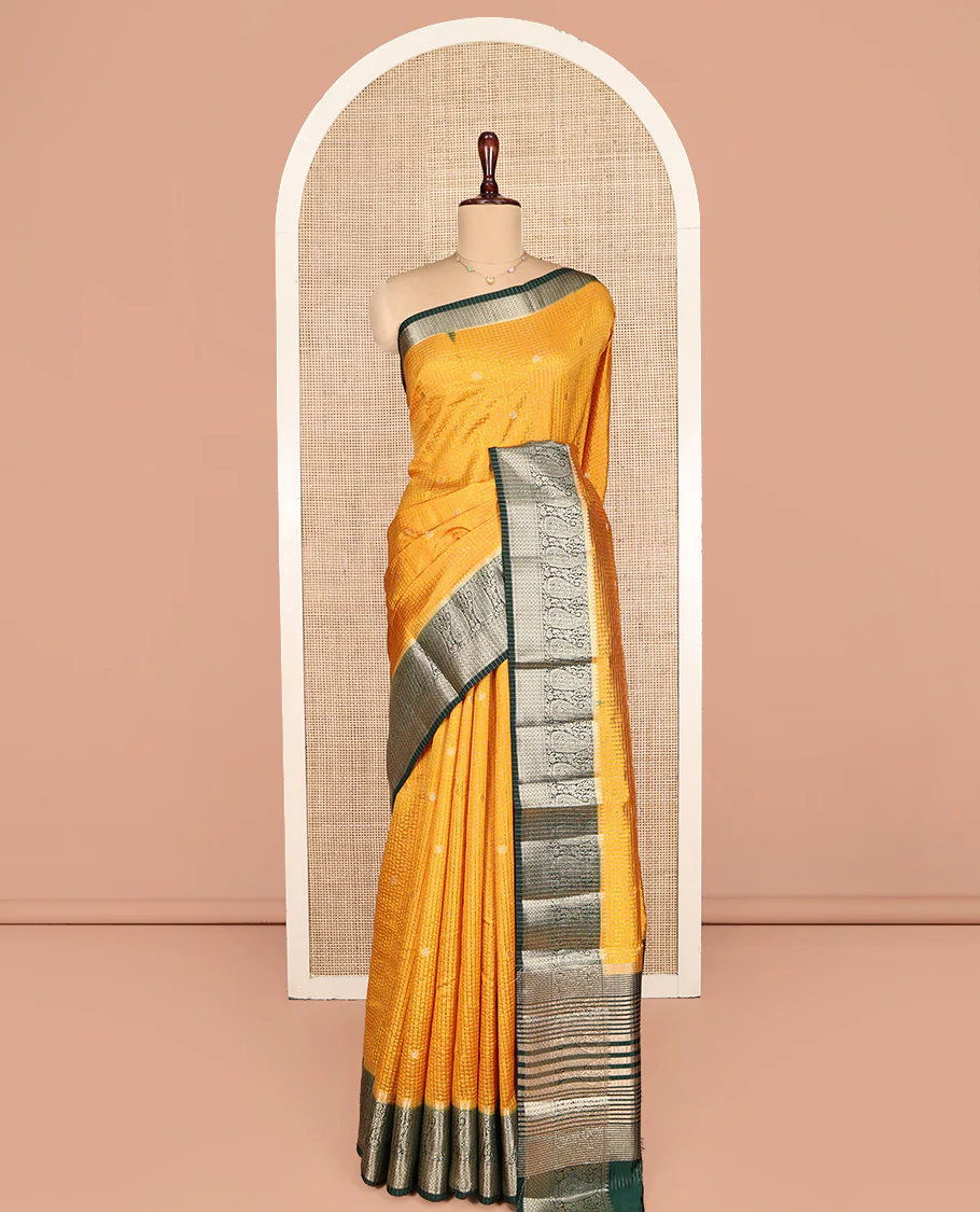 Yellow Dupion Silk Saree, Spotlighted with Zari Buttas and Micro-Checks, Contrast Traditional Zari Design Border, Zari Striped Pallu, and a Contrast Blouse - Image 3
