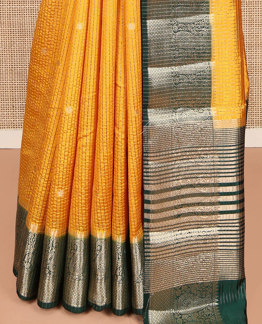 Yellow Dupion Silk Saree, Spotlighted with Zari Buttas and Micro-Checks, Contrast Traditional Zari Design Border, Zari Striped Pallu, and a Contrast Blouse - Image 4