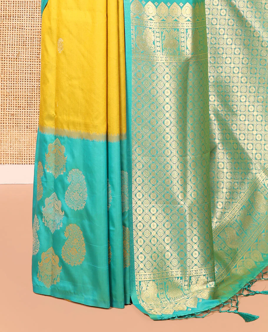 Yellow Elite Soft Silk Saree, Decorated with Zari Buttas All Over Its Body, Complemented by Contrast Border Steeped with Zari Buttas, Grand Jaal Design Pallu, and Paired with a Contrast Blouse - Image 3