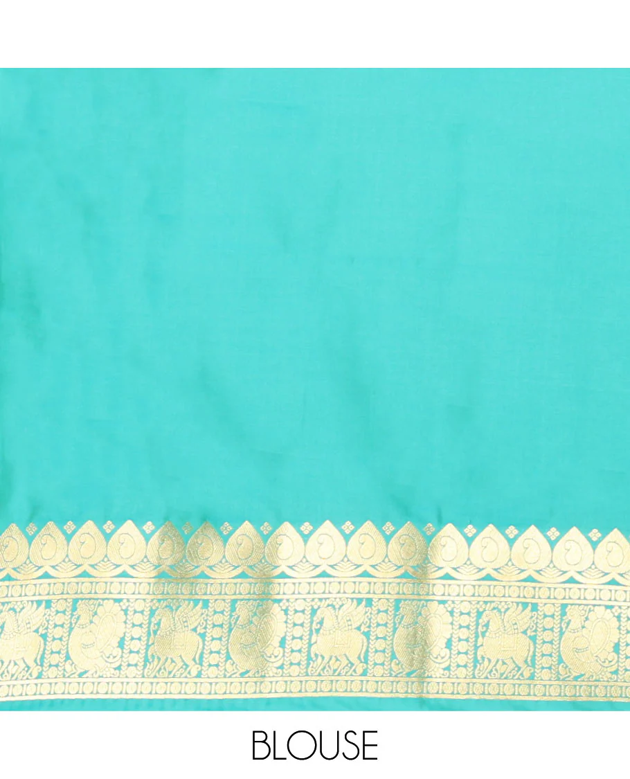 Yellow Elite Soft Silk Saree, Decorated with Zari Buttas All Over Its Body, Complemented by Contrast Border Steeped with Zari Buttas, Grand Jaal Design Pallu, and Paired with a Contrast Blouse - Image 4