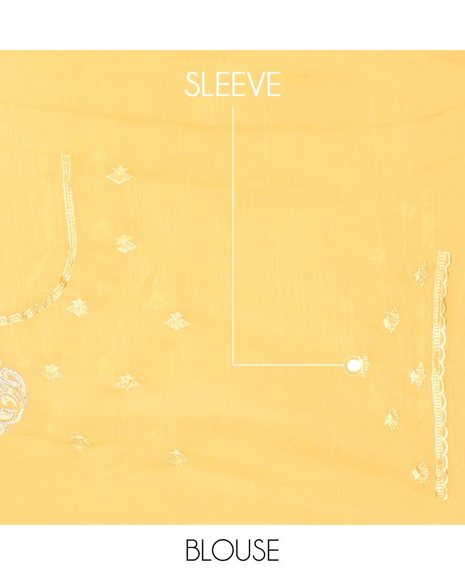 Yellow embroidered designer saree features peacock motifs in micro-stone, scallop thread & stone embroidery border - Image 3
