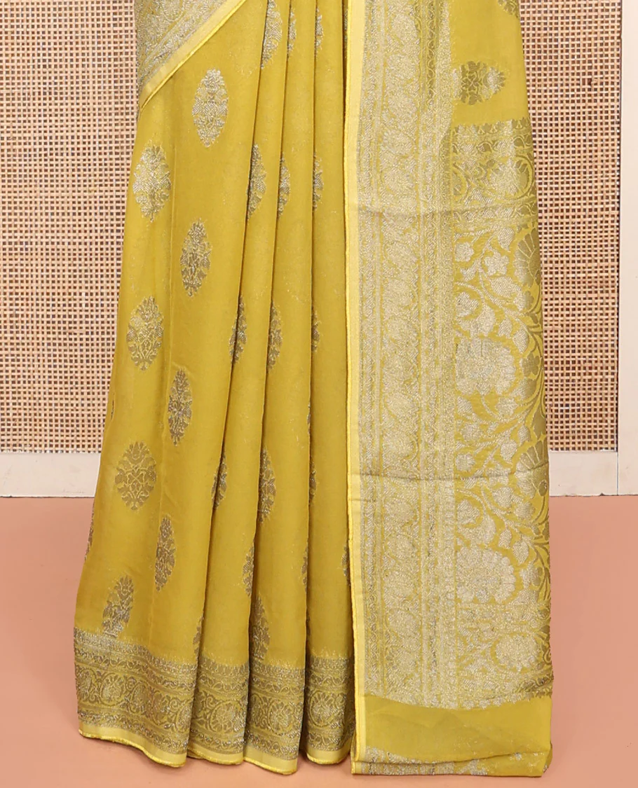 Yellow Georgette Saree, Elevated with Buttas, Highlighted by a Traditional Border, Floral Jaal Pallu, and a Matching Blouse - Image 4