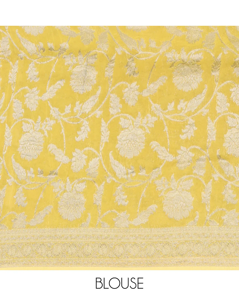 Yellow Georgette Saree, Elevated with Buttas, Highlighted by a Traditional Border, Floral Jaal Pallu, and a Matching Blouse - Image 5