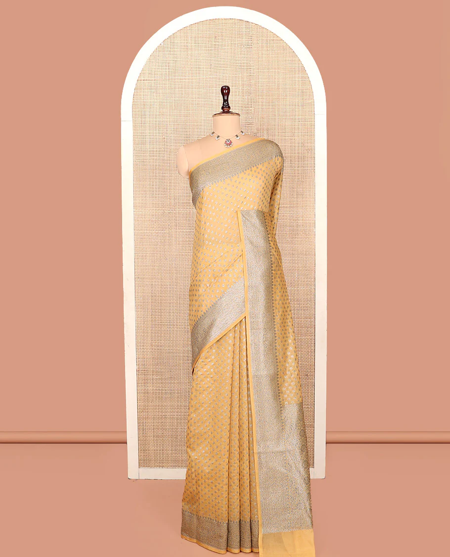 Yellow Georgette Saree, Steeped with Buttas, Highlighted by a Traditional Border, Intricately Designed Pallu, and a Matching Blouse - Image 2