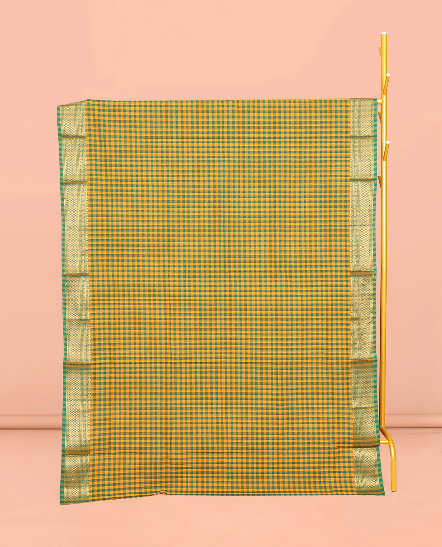 Yellow-Green Chettinad Cotton Saree, Features Micro-Checks, Highlighted by Traditional Zari Border, Striped Pallu, and No Blouse