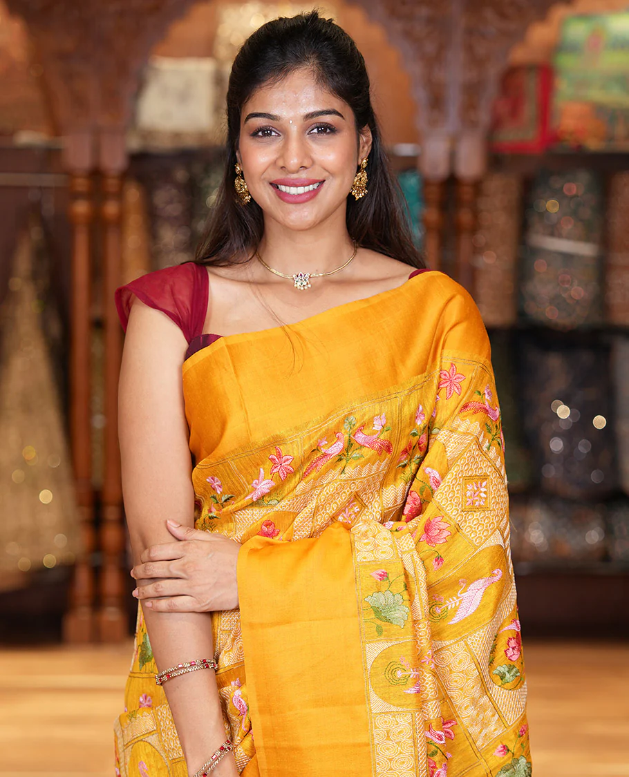 Yellow Green-Silk Saree, Beautifully Bedecked with Mughal-Style Floral-Fauna Enclosed Jaal Design Embroidery, Subtle Satin Border, Artfully Multi-Color Embroidered Pallu, and Paired with a Matching Blouse - Image 2