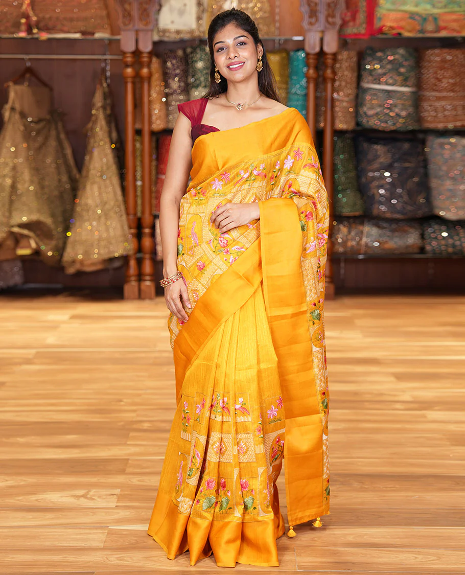 Yellow Green-Silk Saree, Beautifully Bedecked with Mughal-Style Floral-Fauna Enclosed Jaal Design Embroidery, Subtle Satin Border, Artfully Multi-Color Embroidered Pallu, and Paired with a Matching Blouse - Image 3