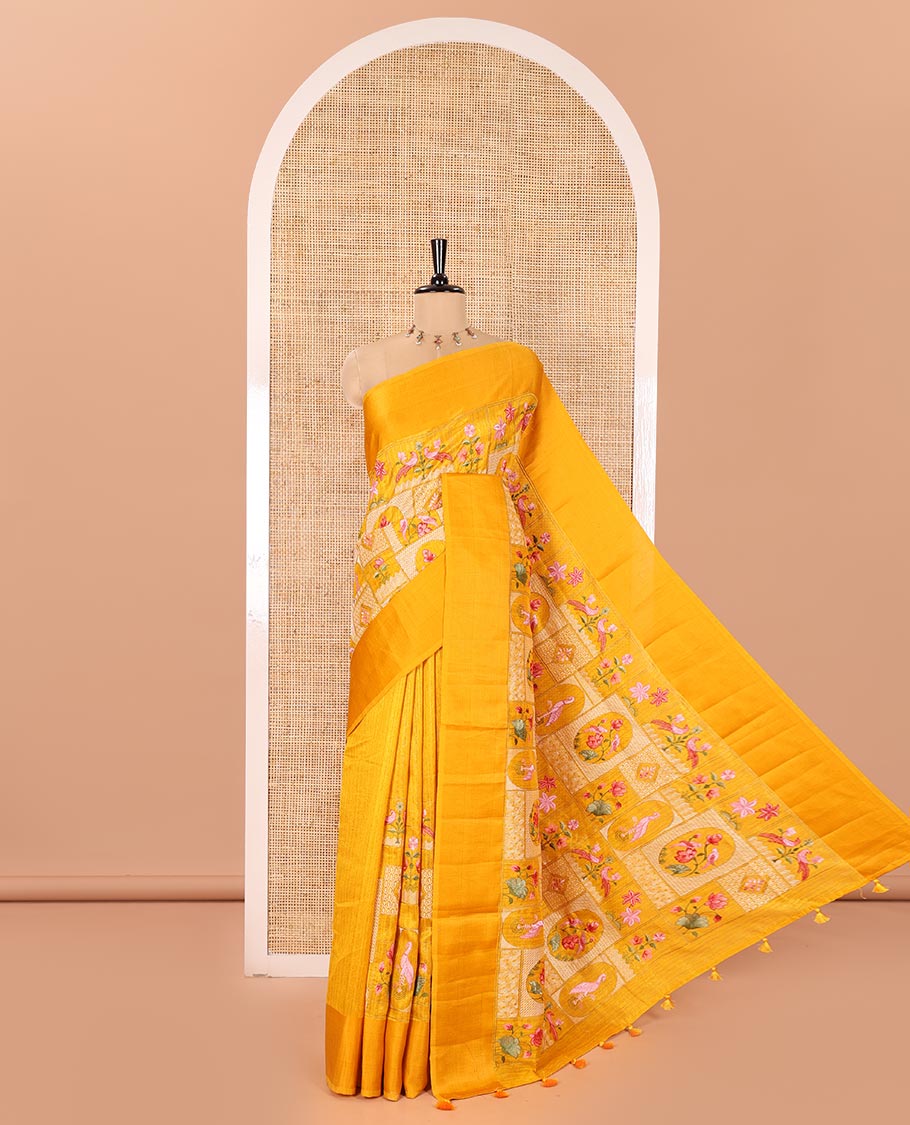 Yellow Green-Silk Saree, Beautifully Bedecked with Mughal-Style Floral-Fauna Enclosed Jaal Design Embroidery, Subtle Satin Border, Artfully Multi-Color Embroidered Pallu, and Paired with a Matching Blouse - Image 4