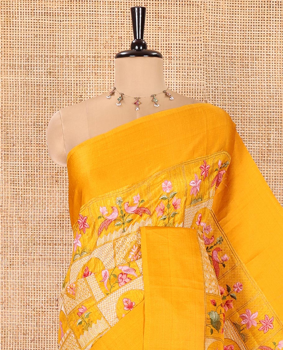 Yellow Green-Silk Saree, Beautifully Bedecked with Mughal-Style Floral-Fauna Enclosed Jaal Design Embroidery, Subtle Satin Border, Artfully Multi-Color Embroidered Pallu, and Paired with a Matching Blouse - Image 5