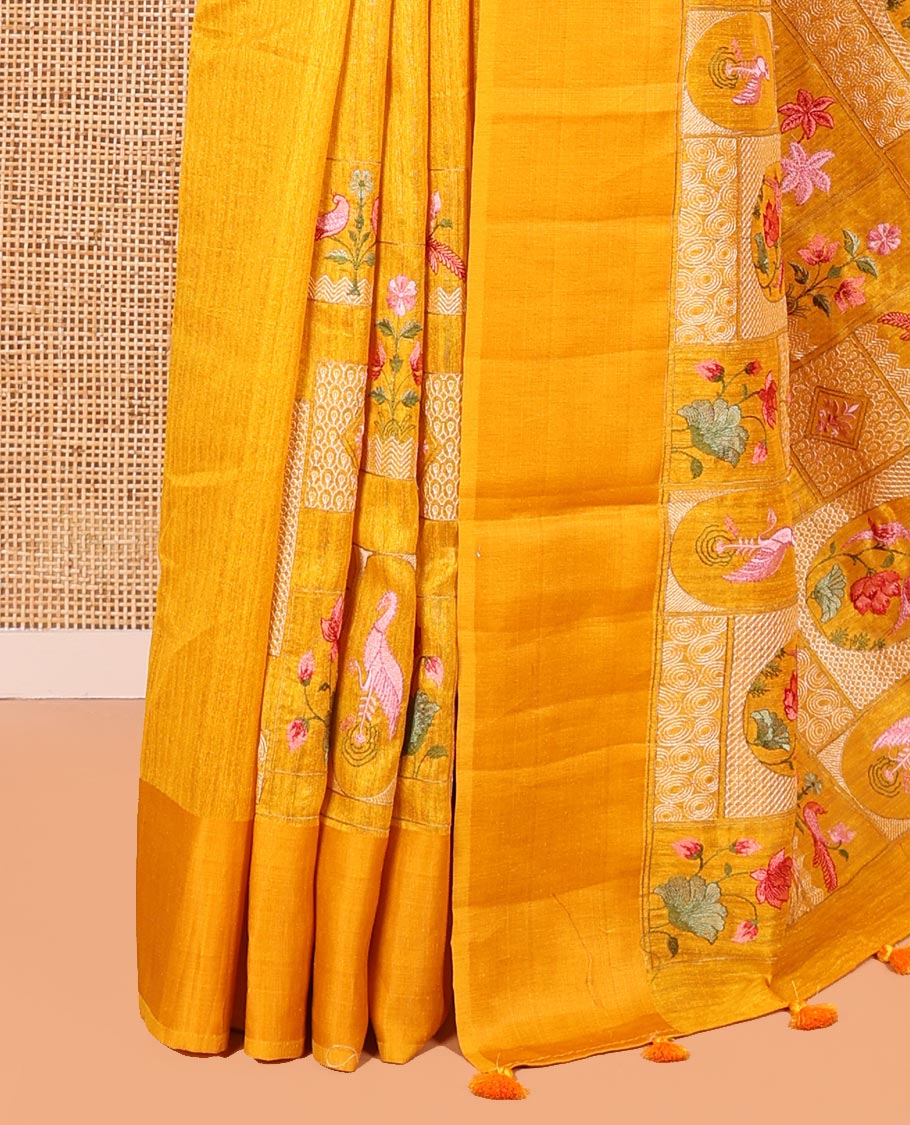 Yellow Green-Silk Saree, Beautifully Bedecked with Mughal-Style Floral-Fauna Enclosed Jaal Design Embroidery, Subtle Satin Border, Artfully Multi-Color Embroidered Pallu, and Paired with a Matching Blouse - Image 6